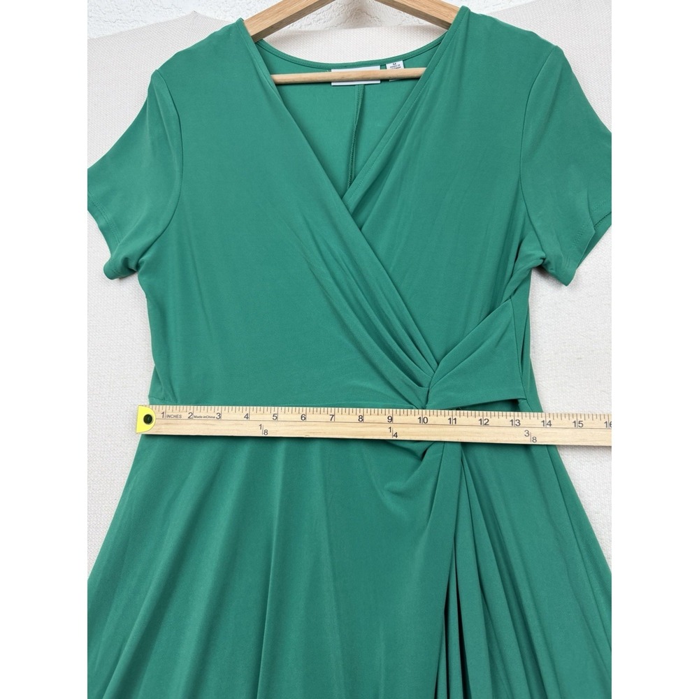 Nina Leonard Women's Faux Wrap Midi Dress Green Size M Shark Bite Hem A-Line - Picture 13 of 16